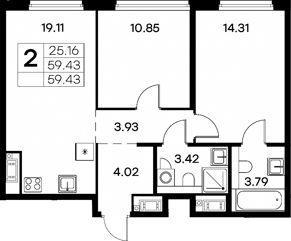 2-комнатная квартира 59.43 м², 16/18 эт., ЖК «Glorax City Василеостровский»